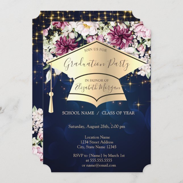 Convite Boné de formatura Dourado,Estrelas,Flores Graduaçã (Frente/Verso)