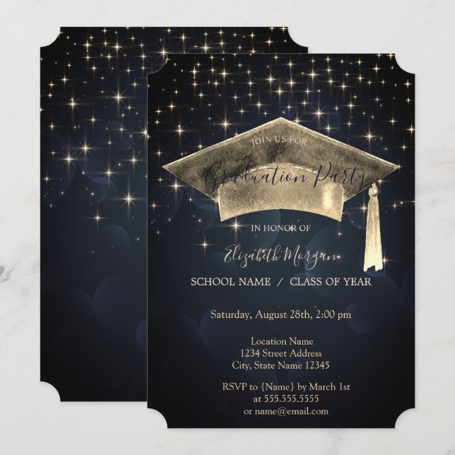 Convite Boné de formatura Dourado,Graduação de Estrelas (Frente/Verso)