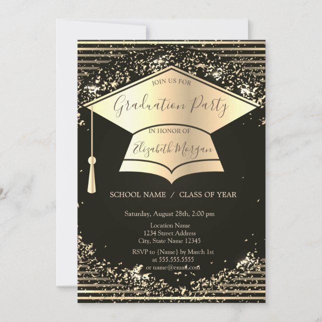 Convite Boné de formatura Dourado,Graduação de Stripes Con (Frente)