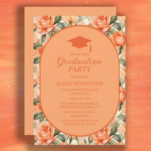 Convite Boné de formatura Floral de Segundo grau de Pêsseg (Orange and peach-colored floral graduation party invitation)