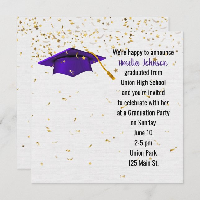 Convite Boné de formatura roxo com Confetti Dourado (Frente/Verso)