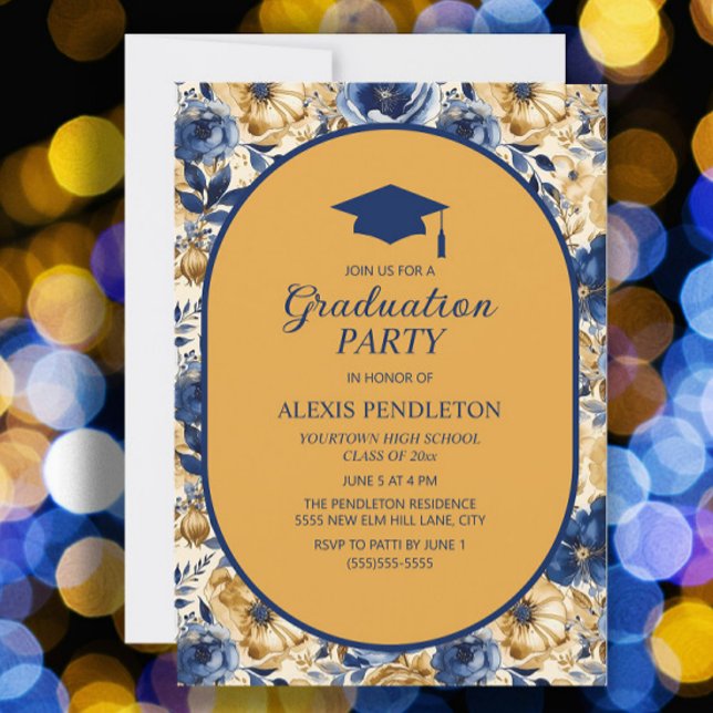 Convite Boné de formatura Segundo grau azul-Marinho Dourad (Blue and gold floral graduation party invitation)