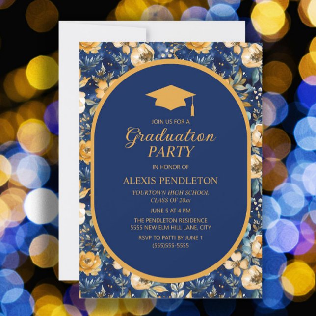Convite Boné de formatura Segundo grau Floral Dourado mari (Navy blue and gold floral graduation party invitation)