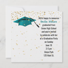 Convite Boné de formatura Teal com Confetti Dourado