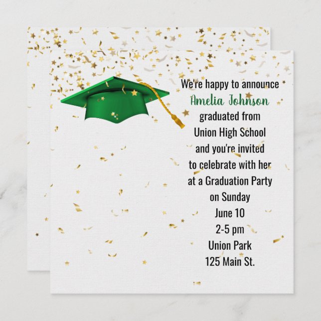 Convite Boné de formatura Verde com Confetti Dourado (Frente/Verso)