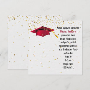 Convite Boné de formatura Vermelho com Confetti Dourado