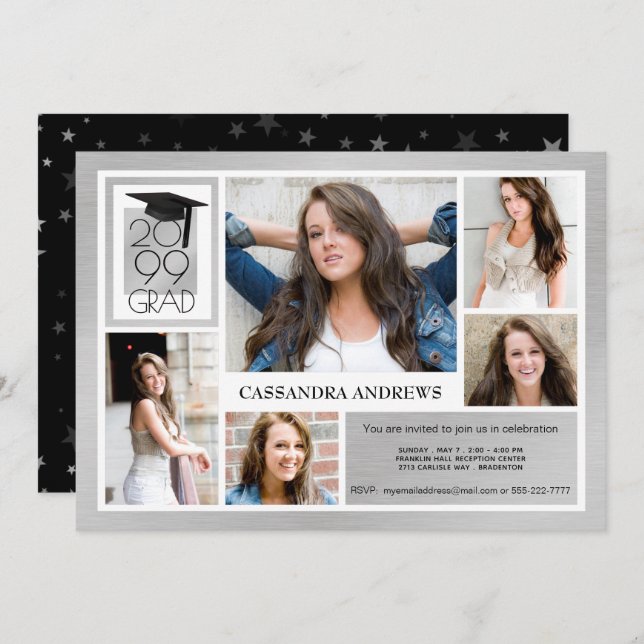 Convite Boné e Ano do FORMANDO Chic | Prata escovada | 5-F (Frente/Verso)