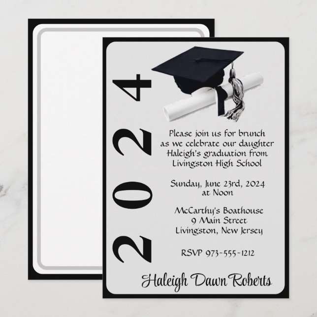 Convite Boné e Diploma 5x7 Graduação em preto e prata (Frente/Verso)