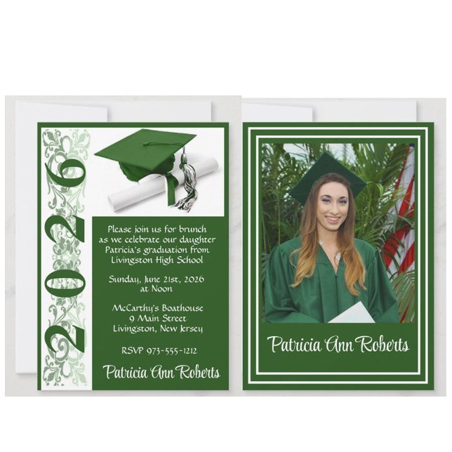 Convite Boné e Diploma Foto, Graduação Verde e Branca (Graduation invitations with photos and a cap and diploma design!)