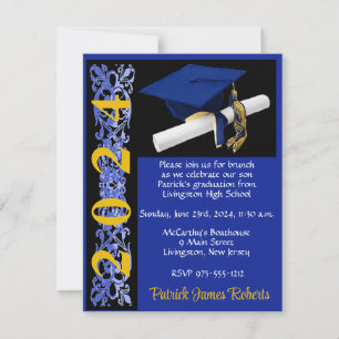 Convite Boné e Diploma, Graduação Real Azul/Preto/Dourado