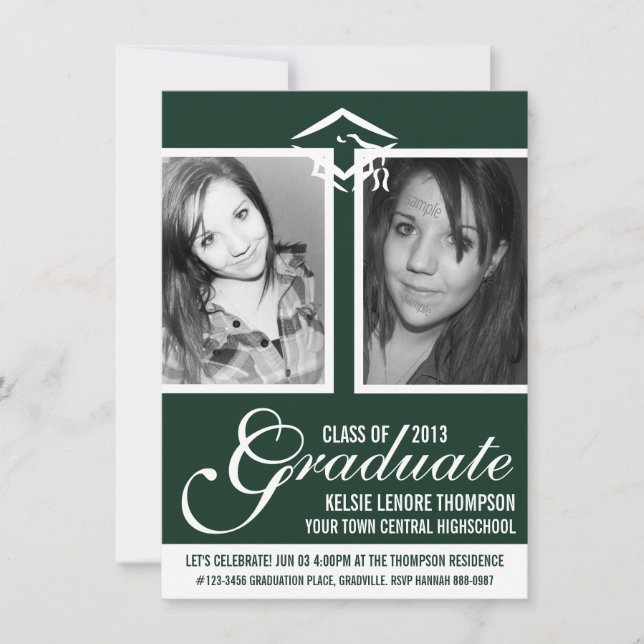 Convite Boné e script de dois Formandos de fotos em verde  (Frente)