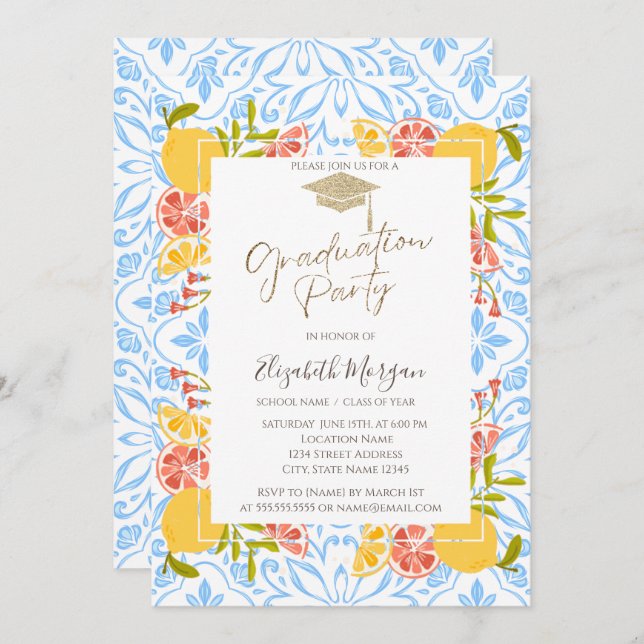 Convite Boné Formando,Graduação Azul Citrus Mediterrânica (Frente/Verso)