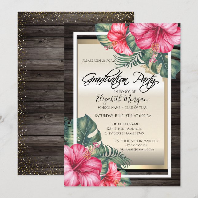 Convite Boné Formando,Graduação de Madeira Hibiscus (Frente/Verso)