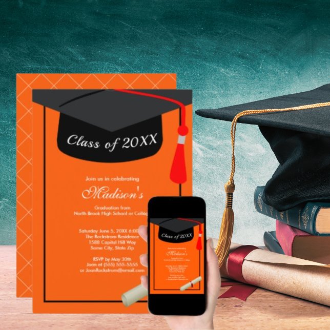 Convite Boné Formando preto Diploma Festa de formatura lar (Black Grad Cap Diploma Orange Graduation Party Invitation)