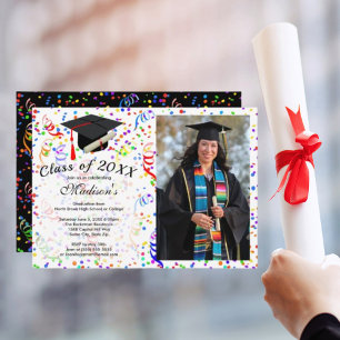 Convite Boné Negro Diploma Confetti de Graduação de Fot