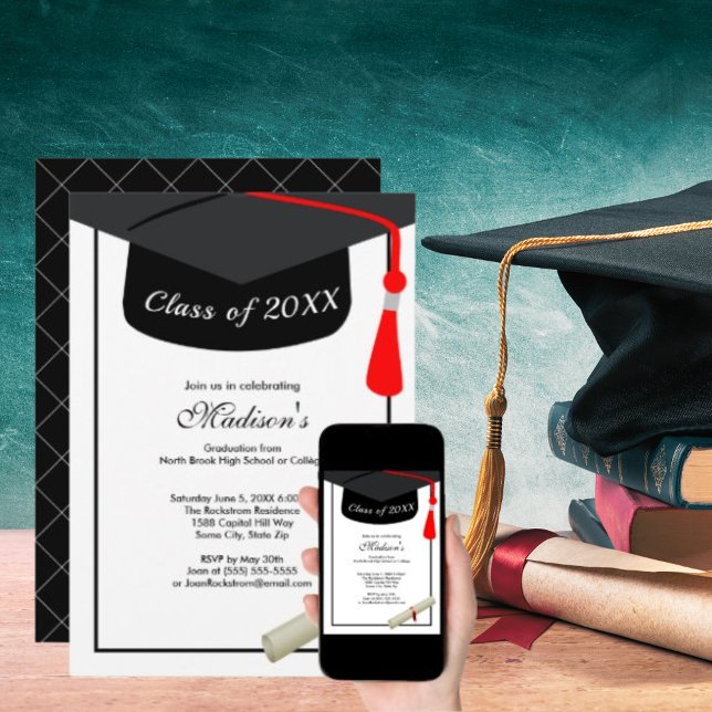 Convite Boné Negro Diploma Festa de formatura Moderna (Black Grad Cap Diploma Modern Graduation Party Invitation)