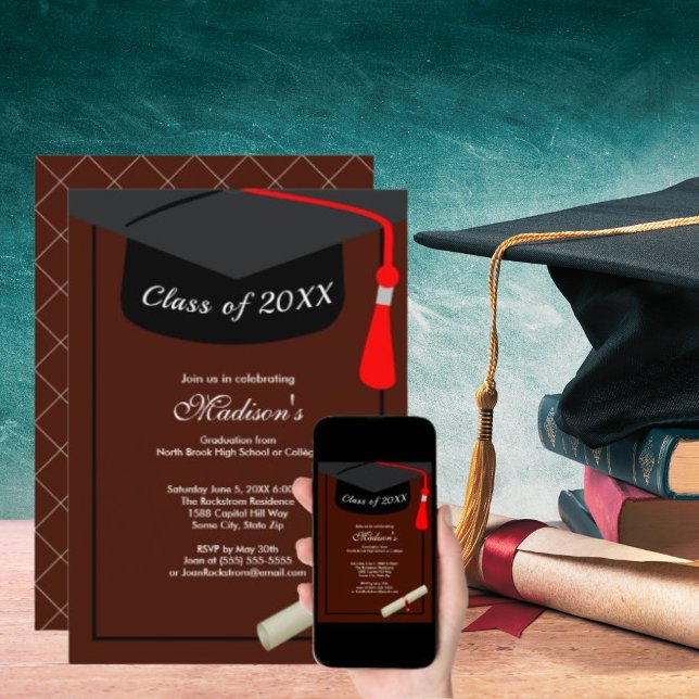 Convite Boné Negro Diploma Simples Festa de formatura Cast (Black Cap Diploma Simple Graduation Party Brown Invitation)