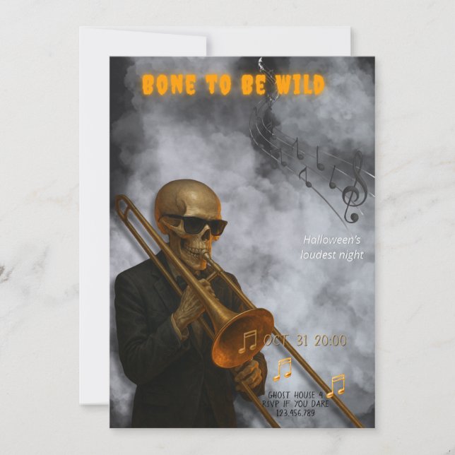 Convite Bone to Be Wild - Skeleton Trombone | Halloween (Frente)