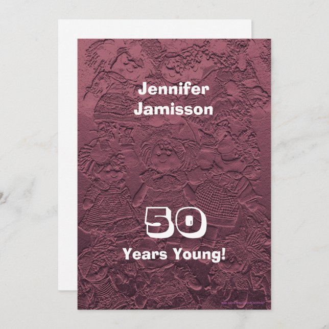 Convite Boneca de pano rosa, Festa de aniversário, 50 anos (Frente/Verso)