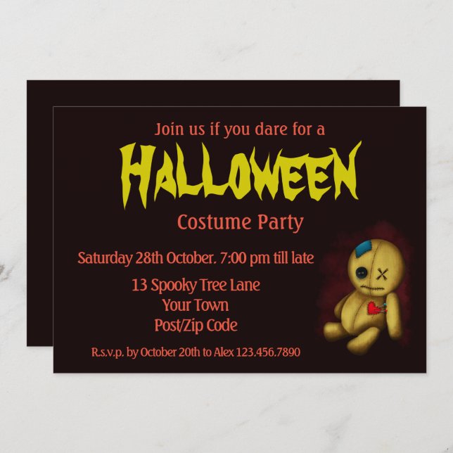 Convite Boneca de pano voodoo com botões Patches e pinos (Frente/Verso)