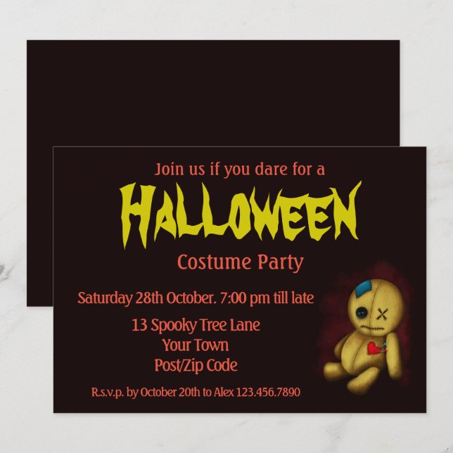 Convite Boneca de Trapo Voodoo com botões Remendos e Alfin (Frente/Verso)