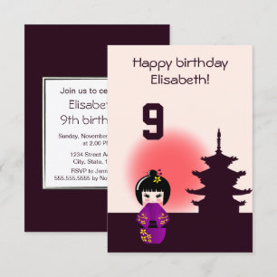 Convite Boneca japonesa kokeshi no aniversário de crianç
