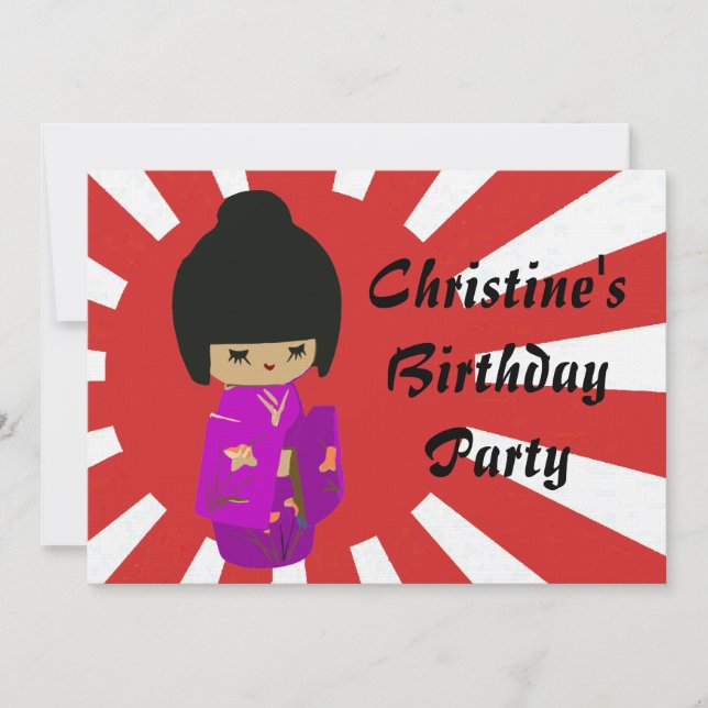 Convite Boneca Kawaii Kokeshi rosa-branca ao sol da ascens (Frente)