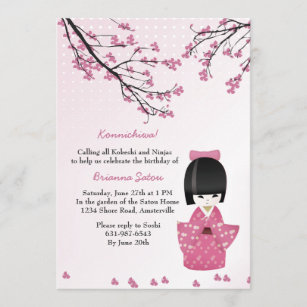Convite Boneca Kokeshi rosa