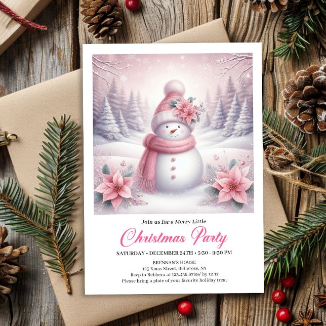 Convite Boneco de Neve Rosa Caprichoso Edição de Natal Cri (Whimsical Pink Snowman Editable Christmas Kids Invite File)