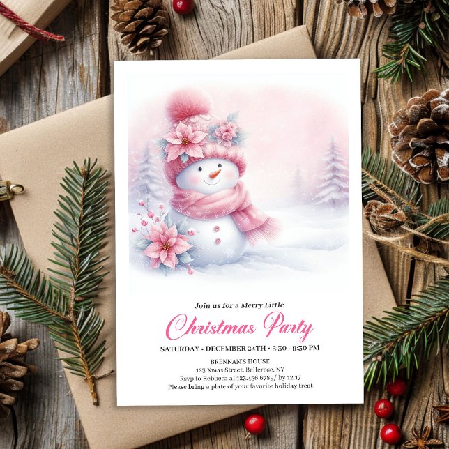 Convite Boneco de Neve Rosa Radiante Festa de Natal Digita (Radiant Pink Snowman Digital Kids Christmas Party Invite)