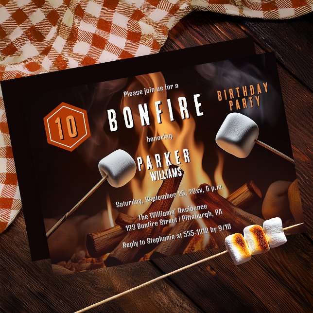 Convite Bonfire Marshmallow Roast 10ª Festa de aniversário (Bonfire Marshmallow Roast 10th Birthday Party Invitation - Print | Digital Download)