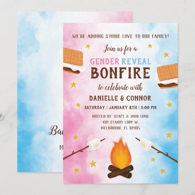 Convite Bonfire S'more Love Baby Gênero (Frente/Verso)