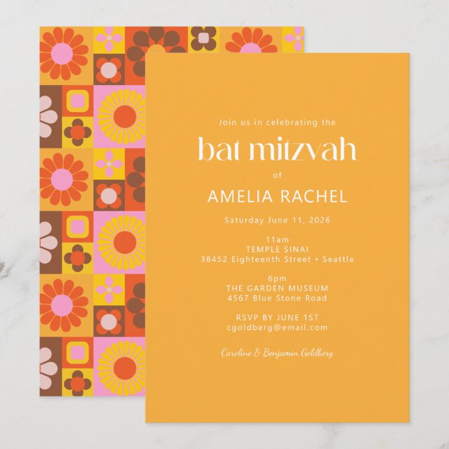 Convite Bonita Bat Mitzvah Geométrica Groovy Retro Amarela (Frente/Verso)