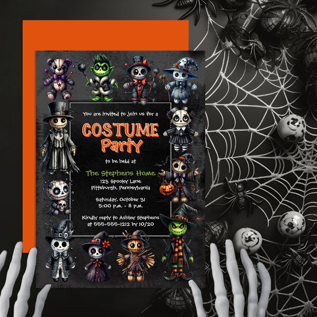 Convite Bonita Bonita Doll Costumes Kids Festa de Hallowee (Cute Voodoo Doll Costumes Kid's Costume Halloween Party Invitation - Print | Digital Download)