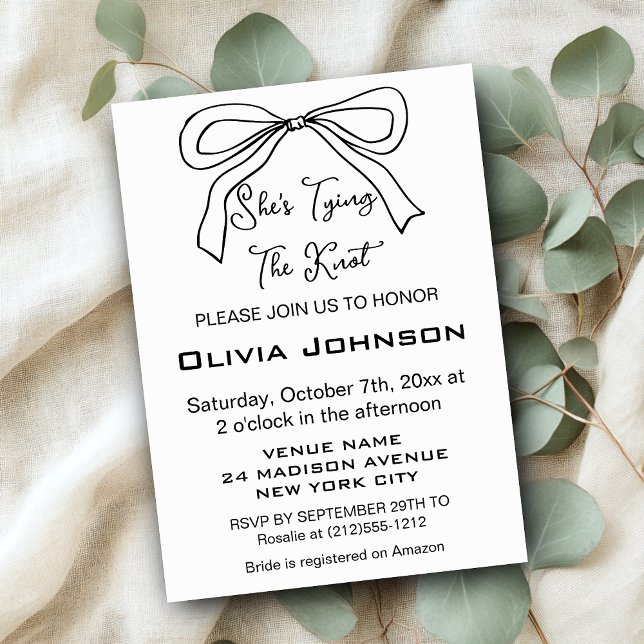 Convite Bonita, ela é Casando Chá de panela Arco preto (Cute She's Tying the Knot Black Bow Bridal Shower Invitation)