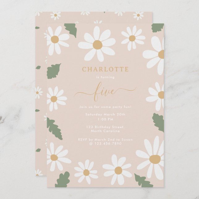 Convite Bonita Festa de aniversário de margarida rosa (Frente/Verso)