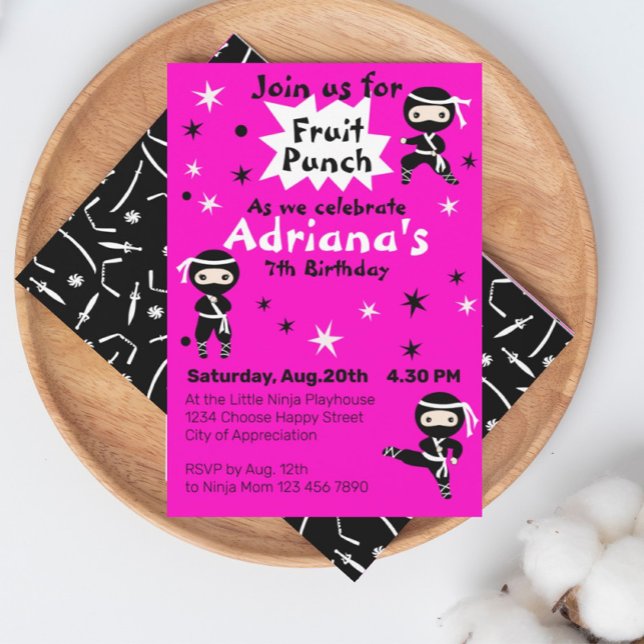 Convite Bonita Festa de aniversário Rosa Ninja (Criador carregado)