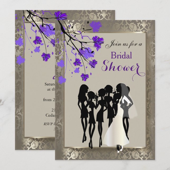 Convite Bonita Floral Roxo e Antiquada Damasco de Prata (Frente/Verso)