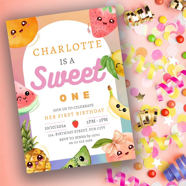 Convite Bonita Fruta de Verão de Kawaii 1rua Primeira Rapa (Cute Kawaii Summer Fruit 1st First Birthday Girl Invitation)