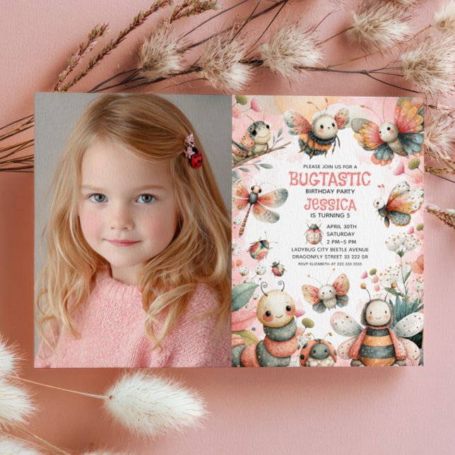 Convite Bonita Insetos Rapariga Bugtastic Foto Aniversário (Criador carregado)