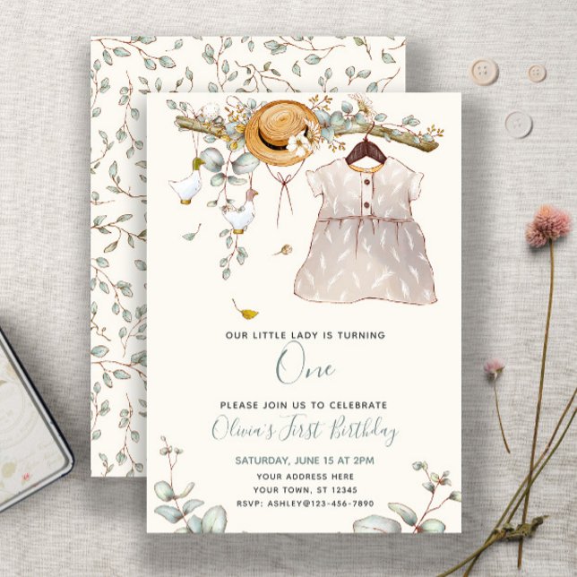 Convite Bonita, Nossa Pequena Senhora é uma Rústica Floral (Easily personalize this sweet girl's first birthday invite with your details for a charming event)