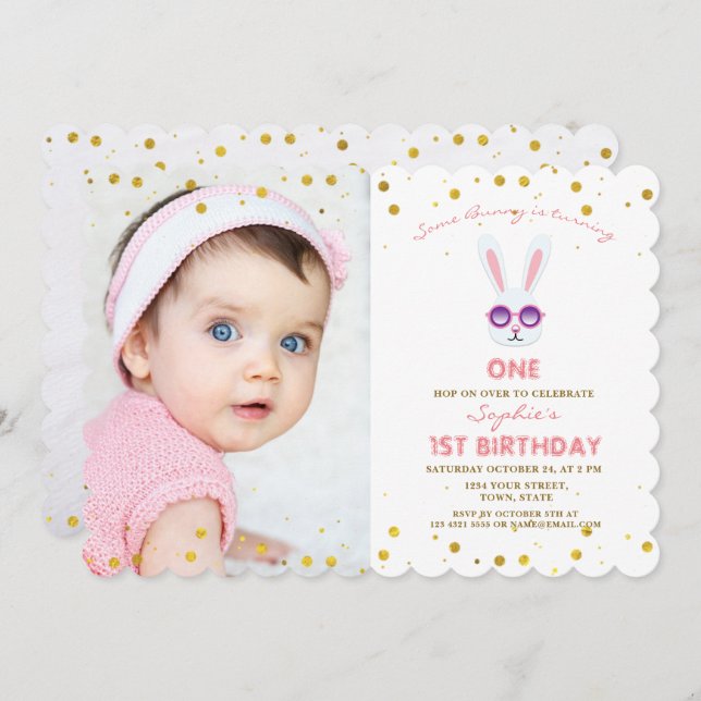 Convite Bonita primeiro aniversario De Foto Para Garota Co (Frente/Verso)