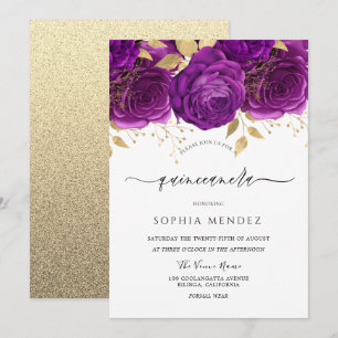 Convite Bonita Quinceanera Floral Roxa e Dourada