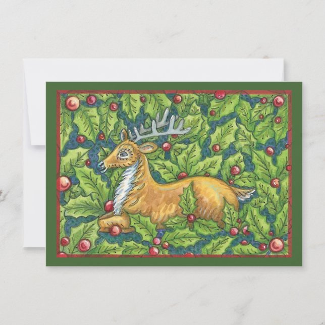 Convite Bonita Reindeer de Natal em Floresta com Holly (Frente)