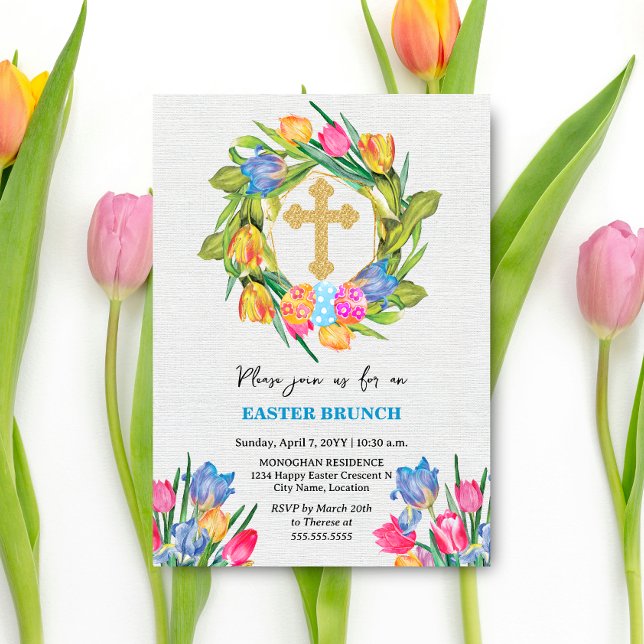 Convite Bonitas Tulipas de Ovos de Páscoa Dourada (Beautiful gold cross, tulip wreath and Easter Eggs brunch invitation front view.)