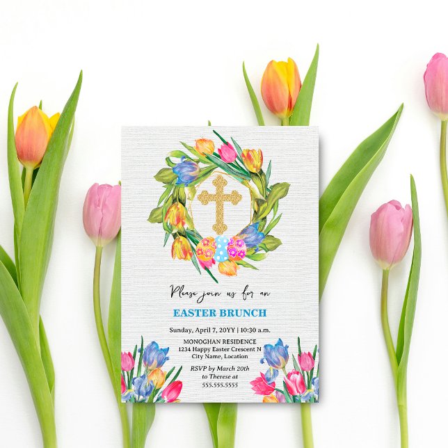 Convite Bonitas Tulipas de Ovos de Páscoa Dourada (Beautiful gold cross, tulip wreath and Easter Eggs brunch invitation front view.)