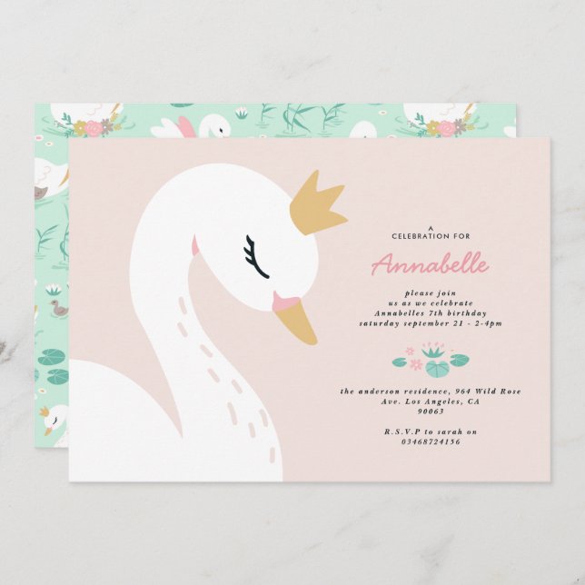 Convite Bonitinha rosa, elegante, bonita, de cisne (Frente/Verso)