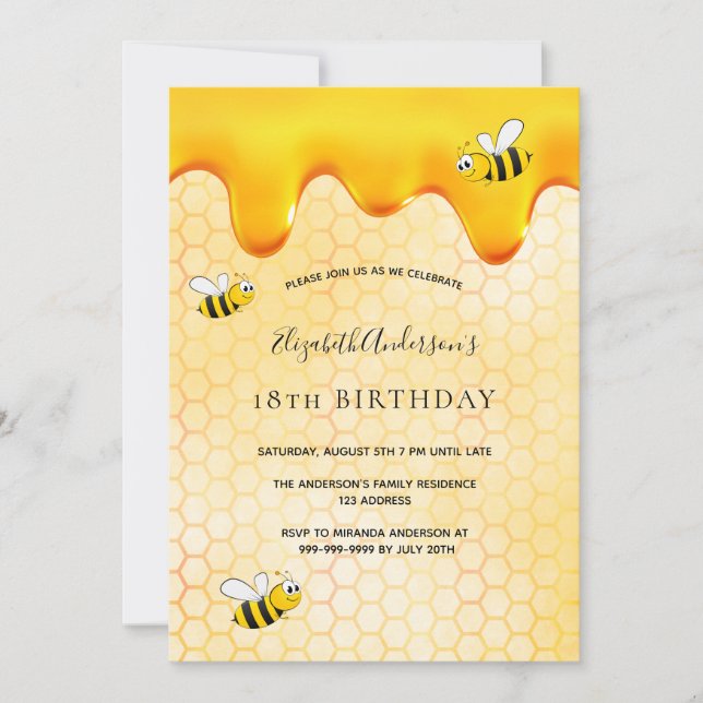 Convite Bonitinho de mel do 18.º aniversário (Frente)