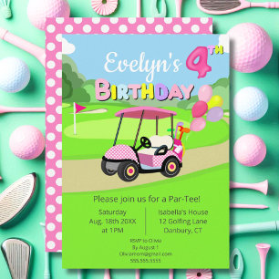 Convite Bonito 4º aniversário Bolinhas Rosa Girassol Golfe