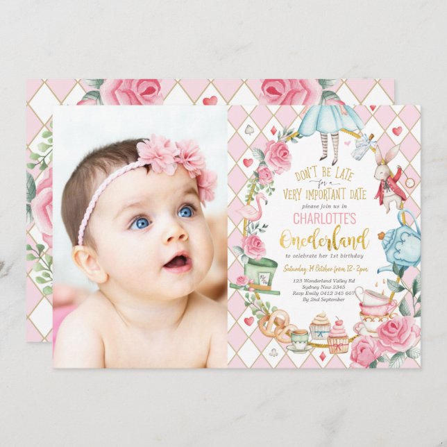 Convite Bonito Alice no Partido do Chá primeiro aniversari (Frente/Verso)